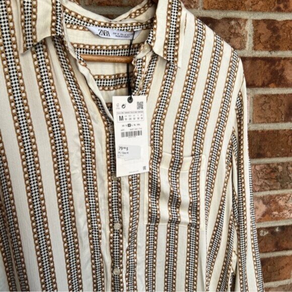 Zara   NEW Ivory Chain Houndstooth Striped Print Satin Button Down Top Blo… - Picture 5 of 13